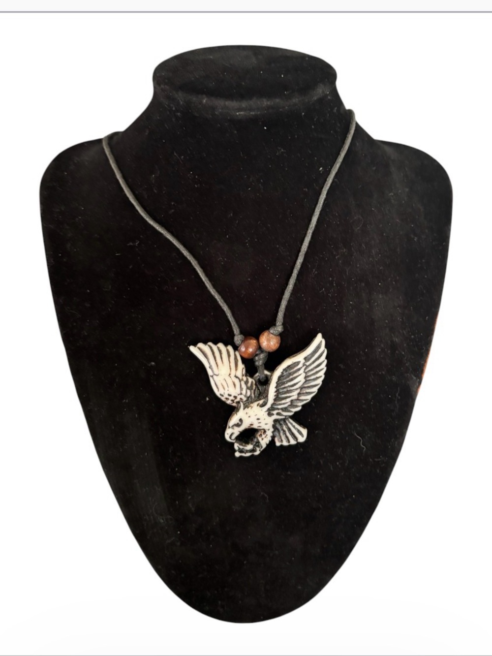 Eagle Pendant Charm Adjustable Rope Necklace Faux Carved Bone Tribal Style"